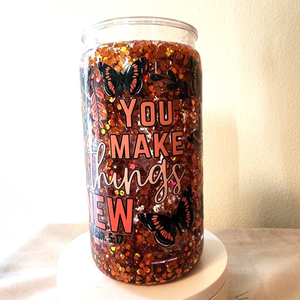 Handmade Glitter Snow Globe Cup 16 Oz. Acrylic Things New Lid & Straw Slow Flow